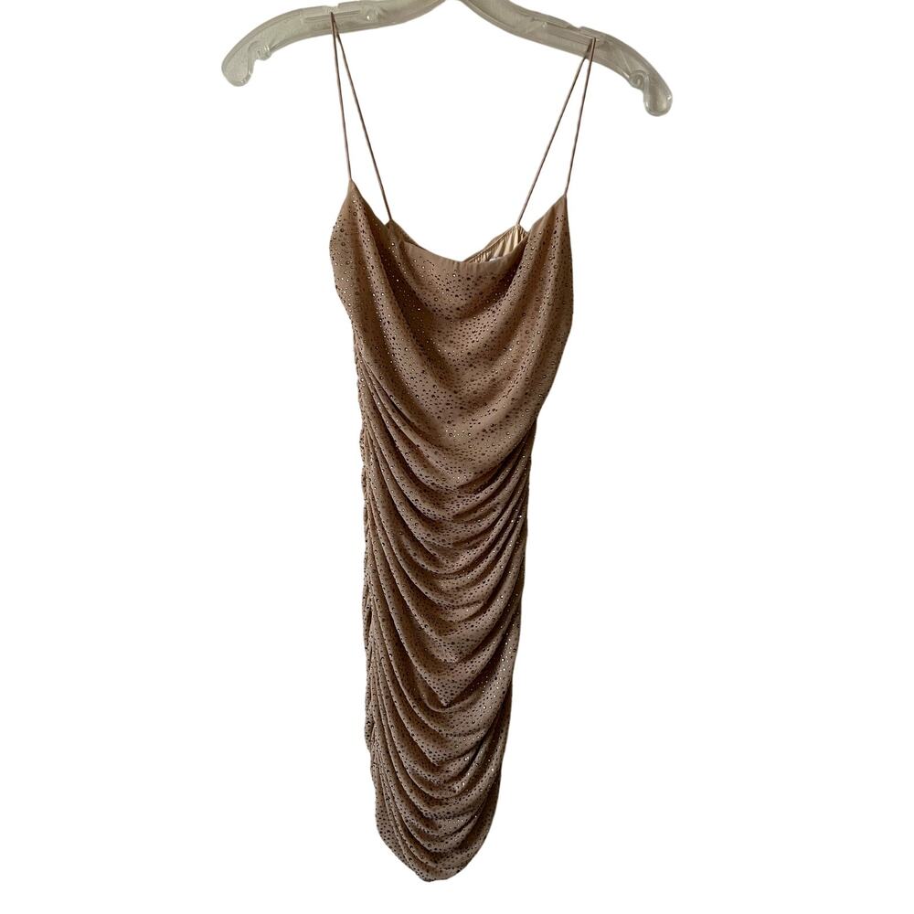 Oh Polly Ruched Rhinestone Mesh Mini Dress size 4 Sleeveless Beige